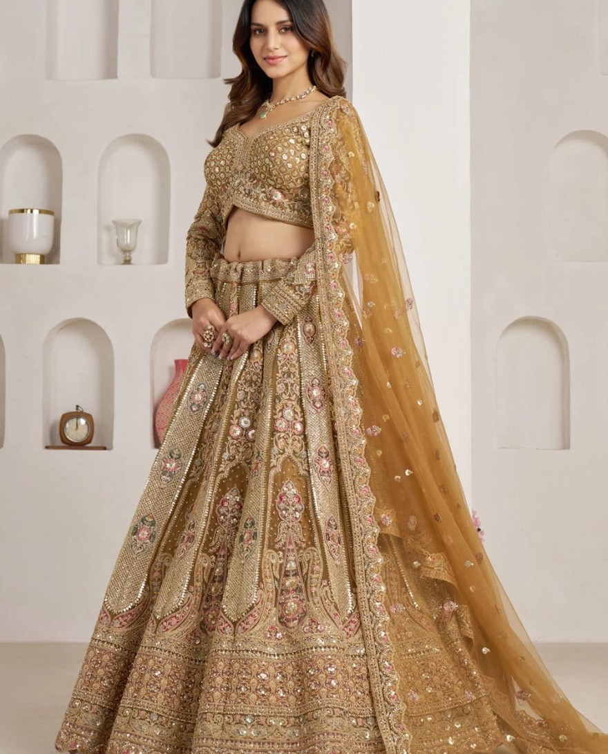 GOLD - Gold Net Diamond, Embroidered, Resham, Sequins and Zari Work Lehenga Choli for Engagement